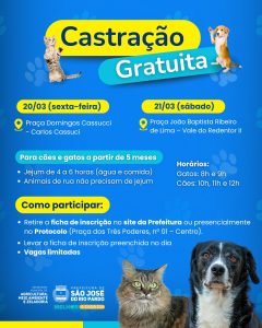 Campanha gratuita de castração de cães e gatos acontece em São José do Rio Pardo nos dias 20 e 21 de março, na Praça Domingos Cassucci e no Vale do Redentor II. Saiba como participar. 🐶🐱