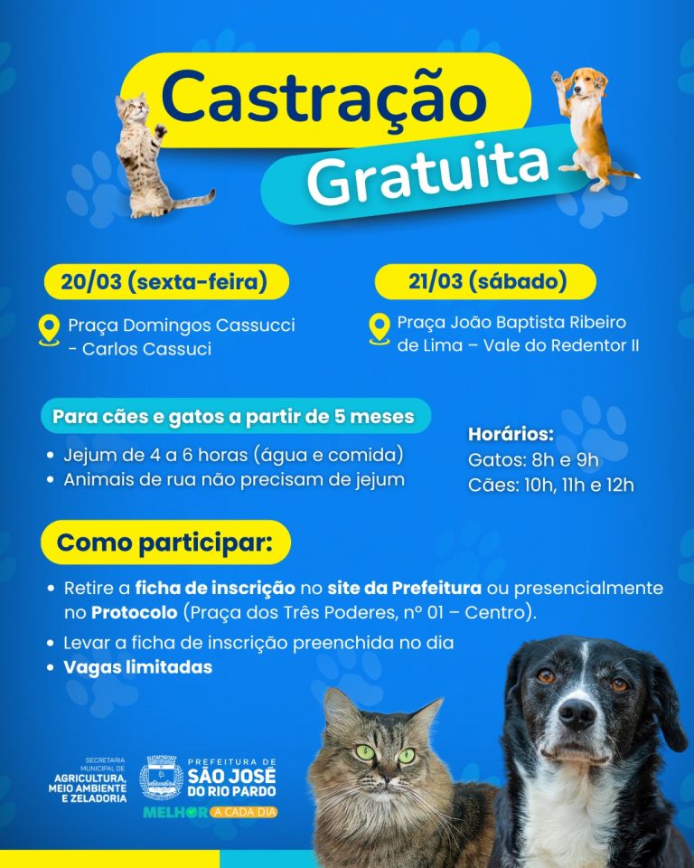 Campanha gratuita de castração de cães e gatos acontece em São José do Rio Pardo nos dias 20 e 21 de março, na Praça Domingos Cassucci e no Vale do Redentor II. Saiba como participar. 🐶🐱