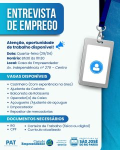 Oportunidade de emprego nesta quarta (29/04)