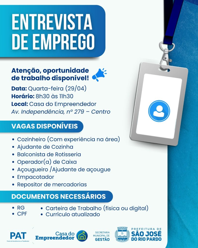 Oportunidade de emprego nesta quarta (29/04)